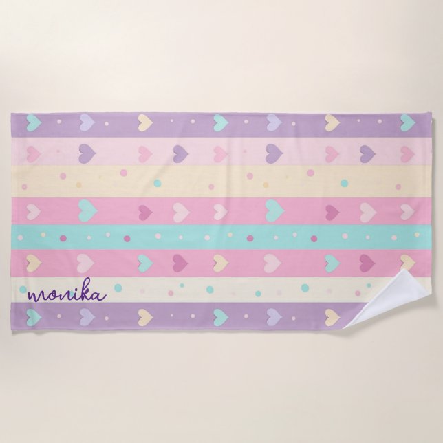Cute Pastel Stripes Hearts Polka Dots Monogram Beach Towel (Front)