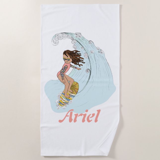 Cute Pastel Surfer Girl with Name Summer Sun Beach Towel (Front)