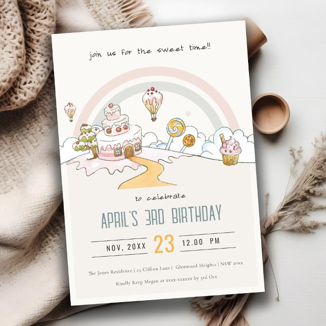 Cute Pastel Sweet Time Candy Land Kids Birthday Invitation (Creator Uploaded)