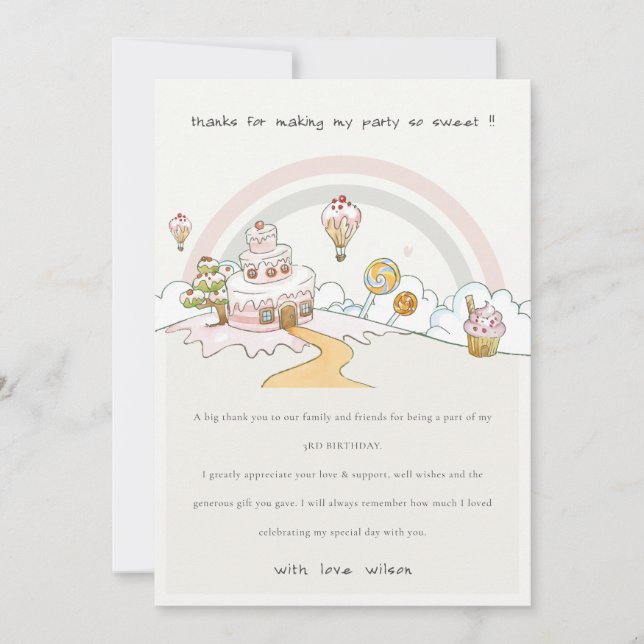 Cute Pastel Sweet Time Candy Land Kids Birthday Thank You Card (Front)