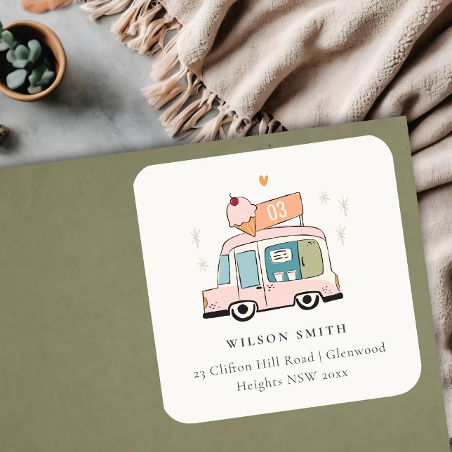 Cute Pastel Sweet Time Ice Cream Truck Address Square Sticker (Creator Uploaded)