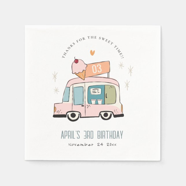Cute Pastel Sweet Time Ice Cream Truck Birthday Napkin (Front)