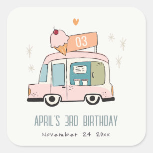 Cute Pastel Sweet Time Ice Cream Truck Birthday Square Sticker