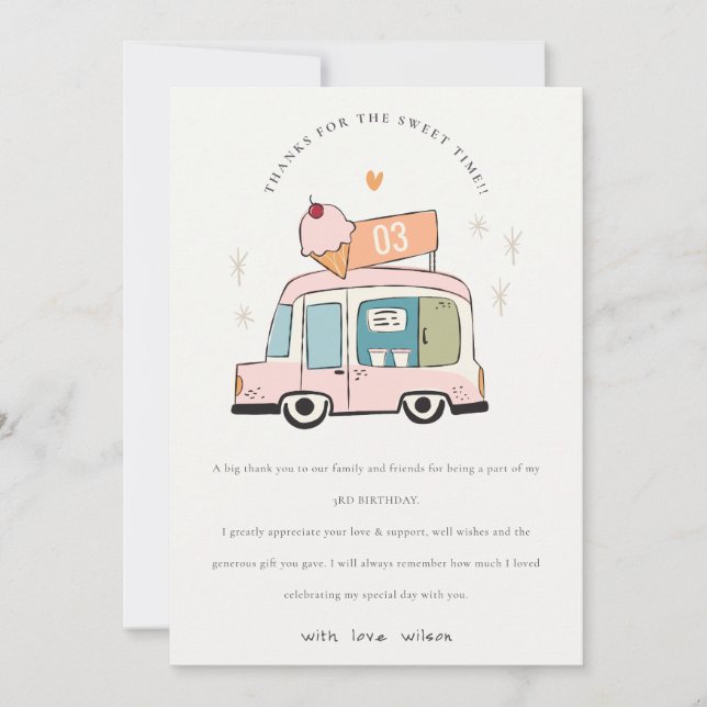 Cute Pastel Sweet Time Ice Cream Truck Birthday Thank You Card (Front)