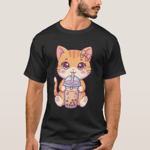 Cute Pastel Tabby Cat Drinking Boba Art Kawaii Kit T-Shirt