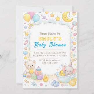 Cute Pastel Teddy Bear & Elephant Baby Shower  Invitation