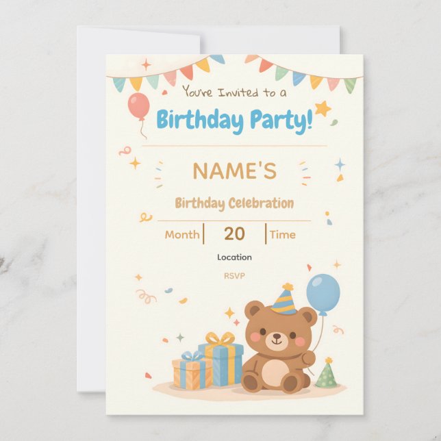 Cute Pastel Teddy Bear Kids Birthday Invitation (Front)