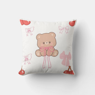Cute Pastel Teddy Bear Pink Bow Dreamy Aesthetic Cushion