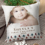 Cute Pastel Tree Baby`s First Christmas Photo Cushion<br><div class="desc">Cute Pastel Tree Baby`s First Christmas Photo Throw Pillow with Christmas tree forest. The background has a forest of trees in different shapes and in pastel pink, blue and burgundy colours. Personalise the pillow with your baby`s photo, name and year of birth - insert your favourite photo. A great holiday...</div>