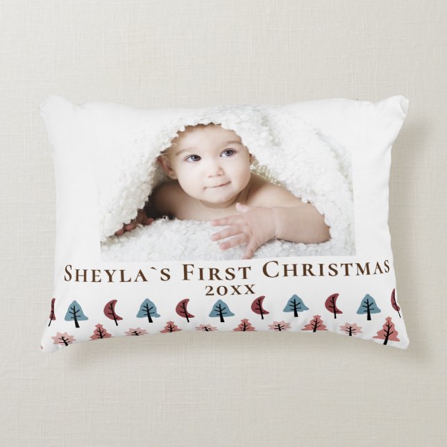 Cute Pastel Tree Baby`s First Christmas Photo Decorative Cushion (Front)