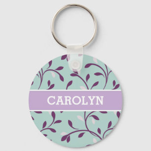 Cute pastel turquoise floral pattern monogram key ring