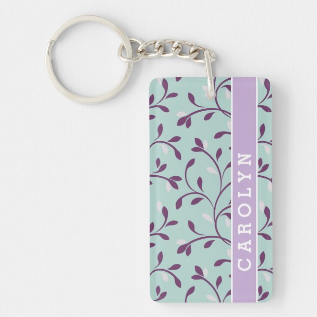 Cute pastel turquoise floral pattern monogram key ring (Front)