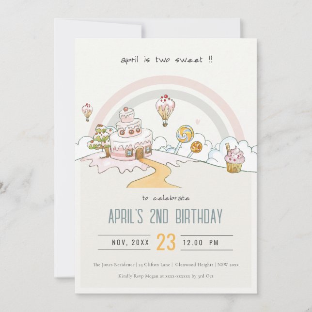 Cute Pastel Two Sweet Candy Land 2nd Birthday Invitation (Front)