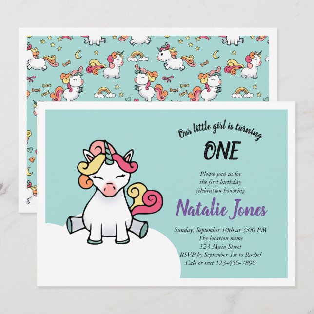Cute pastel unicorn 1st birthday invitation (Front/Back)