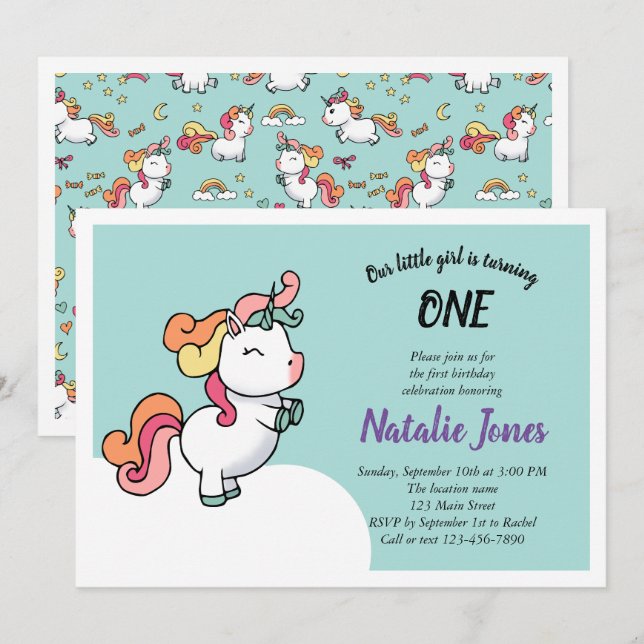 Cute pastel unicorn 1st birthday invitation (Front/Back)