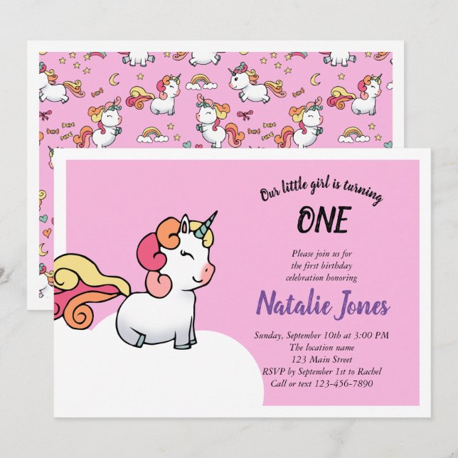 Cute pastel unicorn 1st birthday invitation (Front/Back)