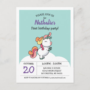 Cute pastel unicorn 1st birthday invitation postcard