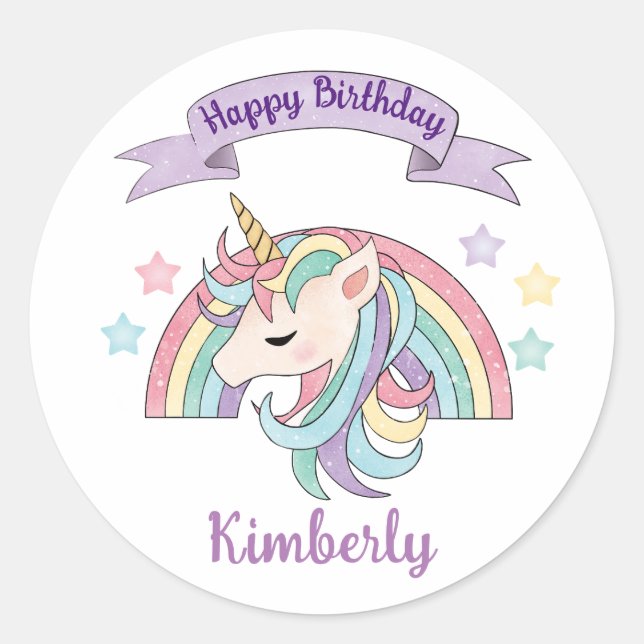 Cute Pastel Unicorn and Sparkly Rainbow Classic Round Sticker (Front)