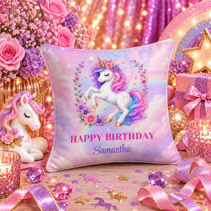 Cute Pastel Unicorn Birthday Girl Rainbow Pillow