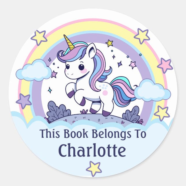 Cute Pastel Unicorn Custom Bookplate Classic Round Sticker (Front)