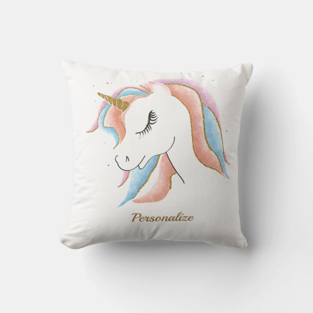 Cute Pastel Unicorn Girly Pink Blue Personalised Cushion (Front)