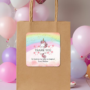 Cute Pastel Unicorn & Rainbow Birthday Thank You   Square Sticker