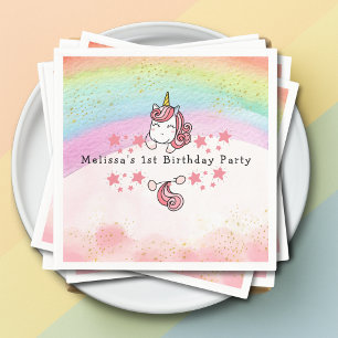 Cute Pastel Unicorn & Rainbow First Birthday Napkin