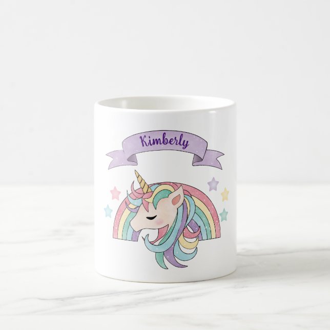 Cute Pastel Unicorn & Sparkly Rainbow Custom Name Coffee Mug (Center)