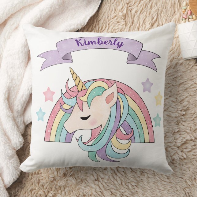 Cute Pastel Unicorn & Sparkly Rainbow Custom Name Cushion (Blanket)