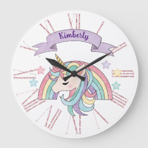Cute Pastel Unicorn & Sparkly Rainbow Custom Name Large Clock