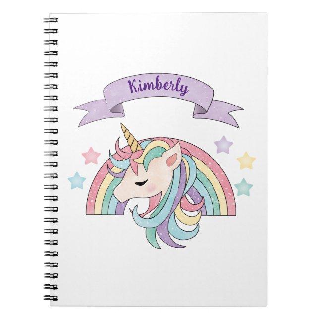 Cute Pastel Unicorn & Sparkly Rainbow Custom Name Notebook (Front)