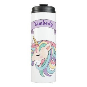 Cute Pastel Unicorn & Sparkly Rainbow Custom Name Thermal Tumbler