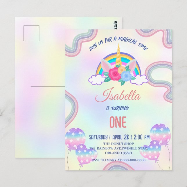 Cute pastel Unicorns Rainbow Birthday Party Postcard (Front/Back)