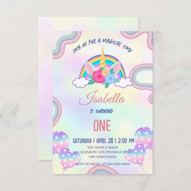 Cute pastel Unicorns Rainbow Birthday Party Thank You Card (Front/Back)