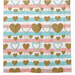 Cute Pastel Valentine Heart Stripe Gold Accents Shower Curtain