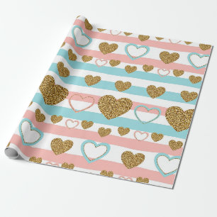 Cute Pastel Valentine Heart Stripe Gold Accents Wrapping Paper