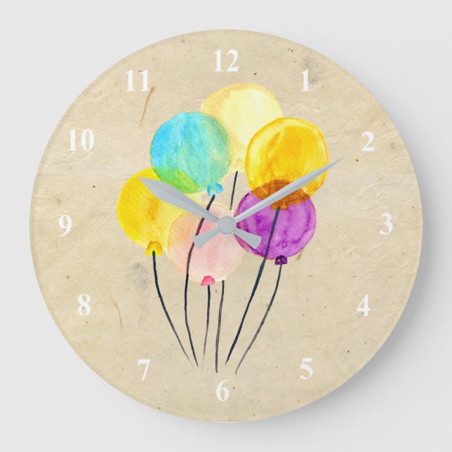 Cute pastel watercolor balloons large clock (Front)