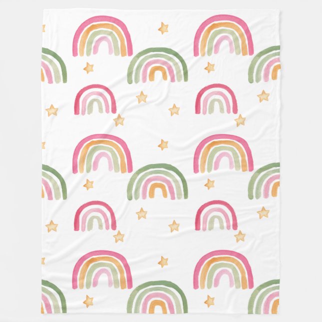 Cute Pastel Watercolor Boho Rainbows and Stars Fleece Blanket (Front)