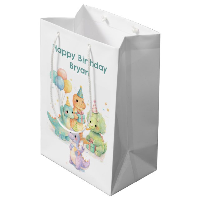 Cute Pastel Watercolor Dinosaurs Birthday Medium Gift Bag (Back Angled)