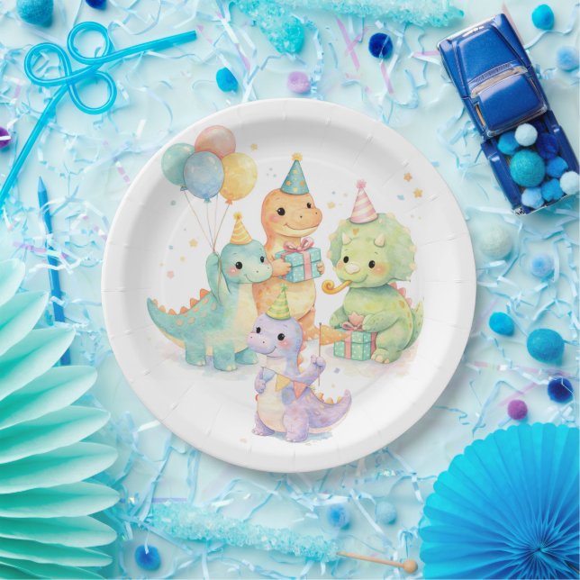 Cute Pastel Watercolor Dinosaurs Birthday Paper Plate (Party)