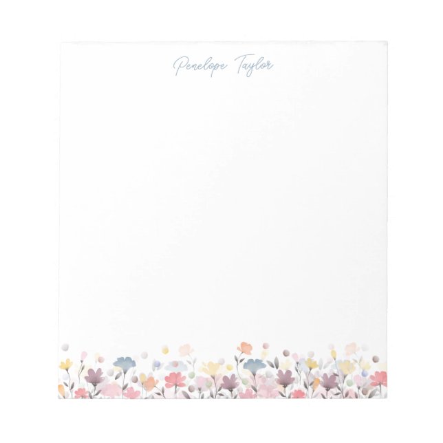 Cute Pastel Watercolor Flowers Personalized Name Notepad (Front)