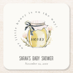 Cute Pastel Watercolor Honey Jar Baby Shower Square Paper Coaster