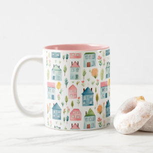 Cute Pastel Watercolor Houses  Two-Tone Coffee Mug
