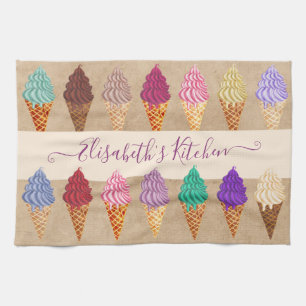 Cute Pastel Watercolor Ice Cream Funny Custom Name Tea Towel