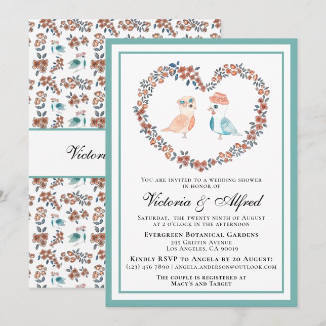Cute Pastel Watercolor Love Birds Couples Shower Invitation (Front/Back)