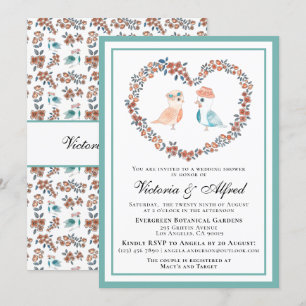 Cute Pastel Watercolor Love Birds Couples Shower Invitation