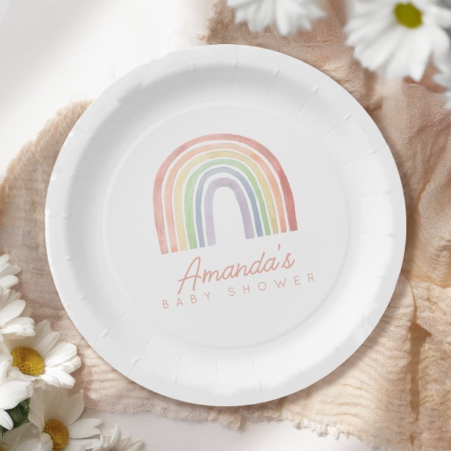 Cute Pastel Watercolor Rainbow Baby Shower Paper Plate (Creator Uploaded)