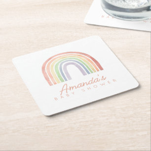 Cute Pastel Watercolor Rainbow Baby Shower Square Paper Coaster