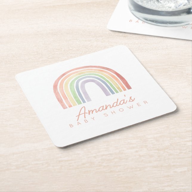 Cute Pastel Watercolor Rainbow Baby Shower Square Paper Coaster (Angled)