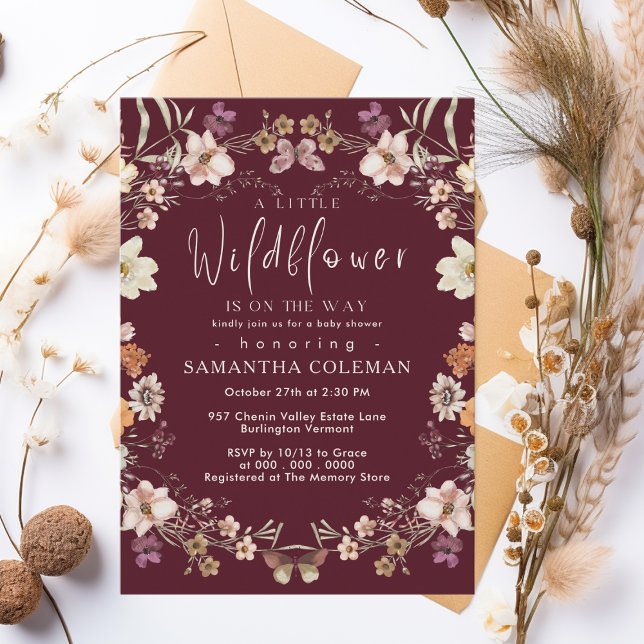 Cute Pastel Wildflower Burgundy Baby Shower Invitation (Creator Uploaded)